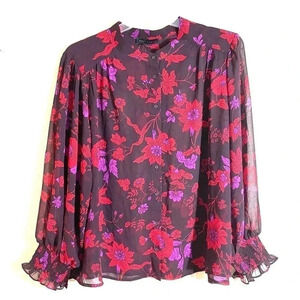 Sanctuary Blouse Women Plus Size 2X Brown Floral Sheer Button Front Ruffle Cuff